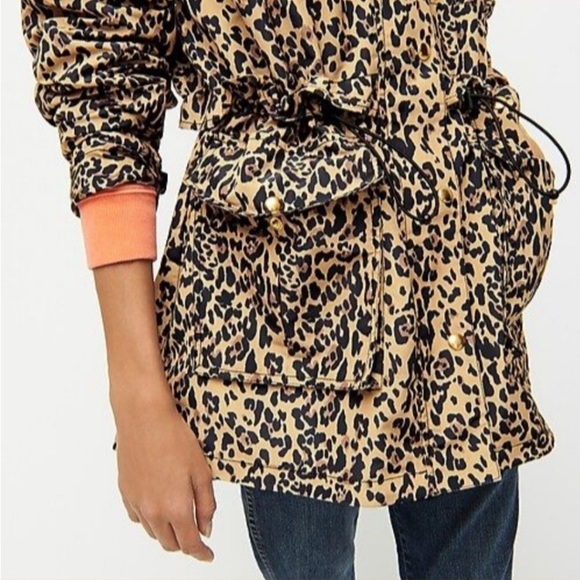 J Crew Perfect Rain Jacket Leopard Print Hooded XS - Picture 2 of 15